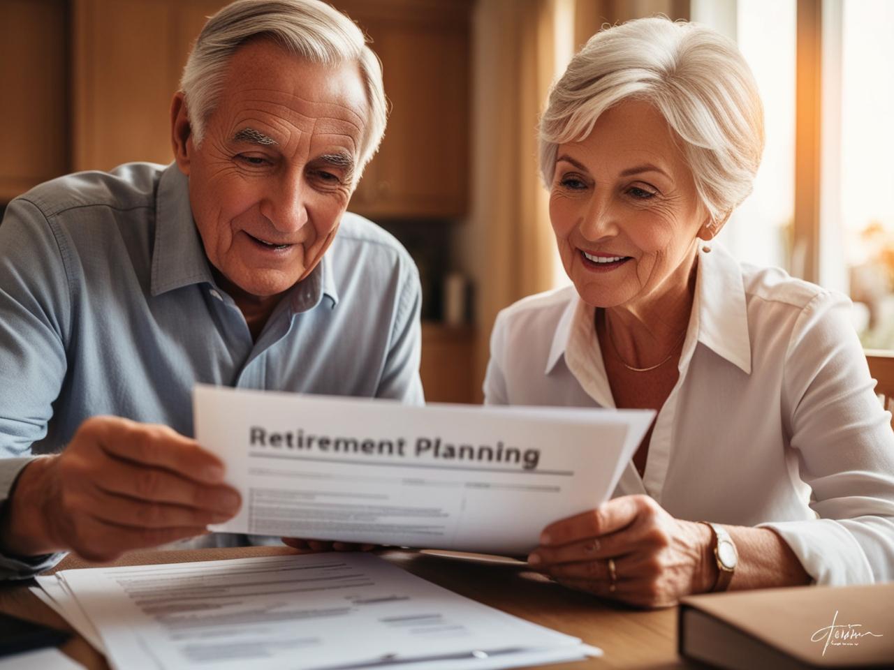 Senior couple reviewing retirement planning documents at home